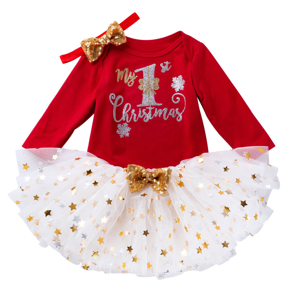 Christmas new children's clothing 0-2 years old baby long-sleeved printed romper crawler mesh tutu skirt wearing three-piece