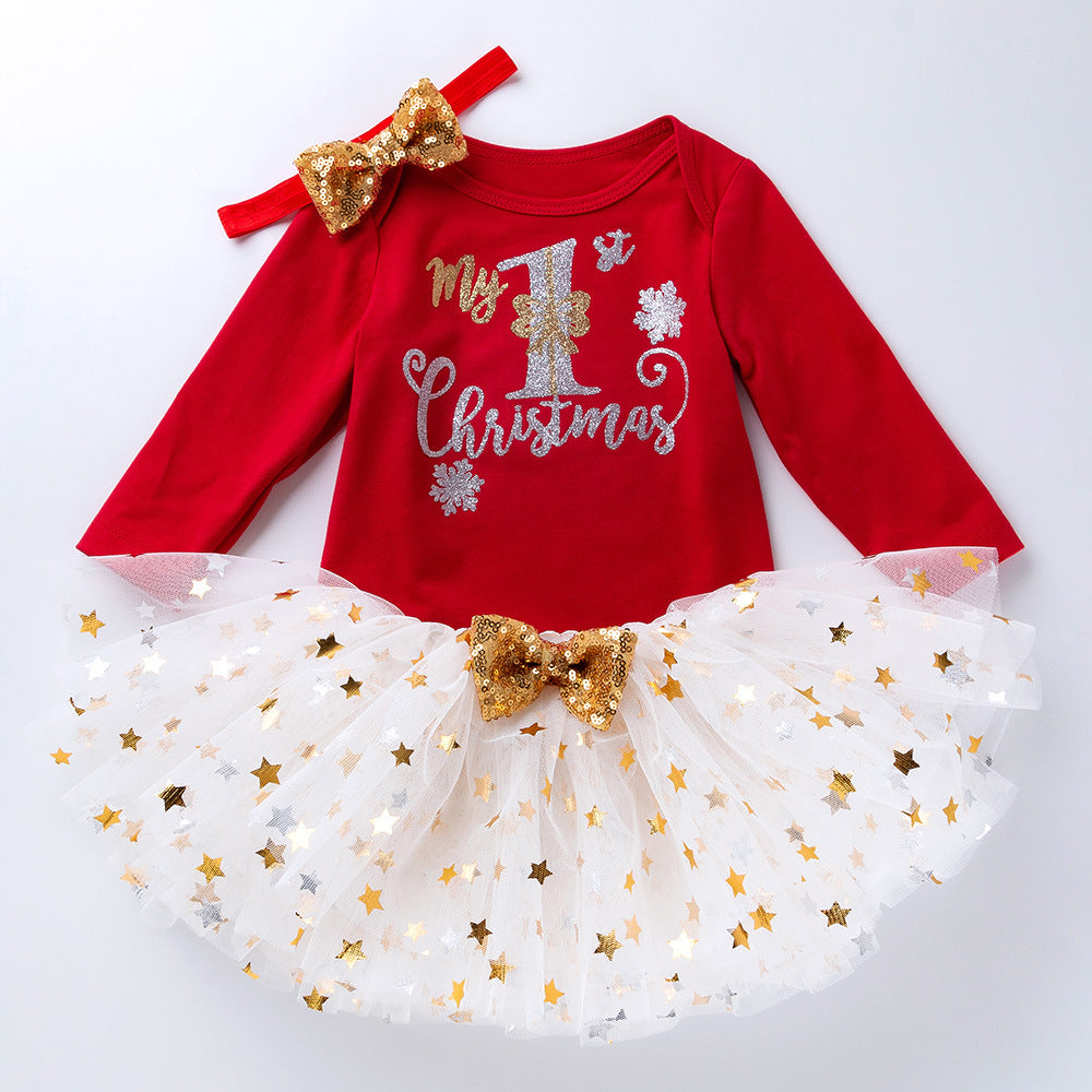 Christmas new children's clothing 0-2 years old baby long-sleeved printed romper crawler mesh tutu skirt wearing three-piece