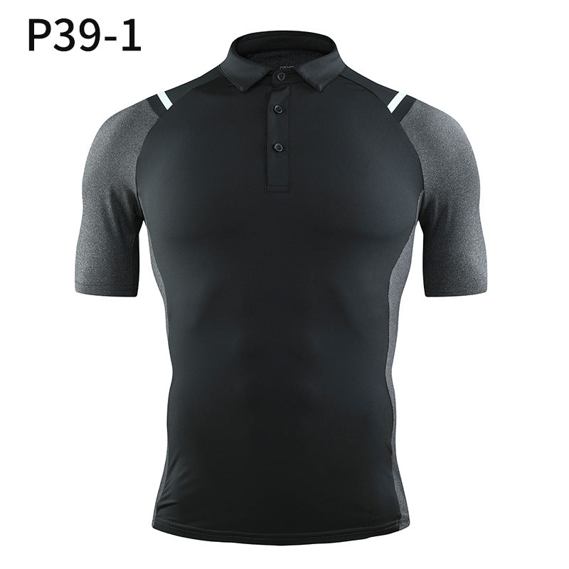 European and American tights male sports lapel POLO shirt quick-drying stretch T-shirt