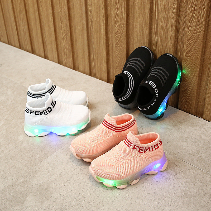 Girl elastic knitted socks shoes 3-5 years old baby lighted children's shoes