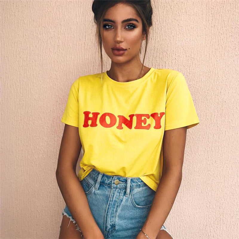 European and American honey short-sleeved printed letters women's T-shirt