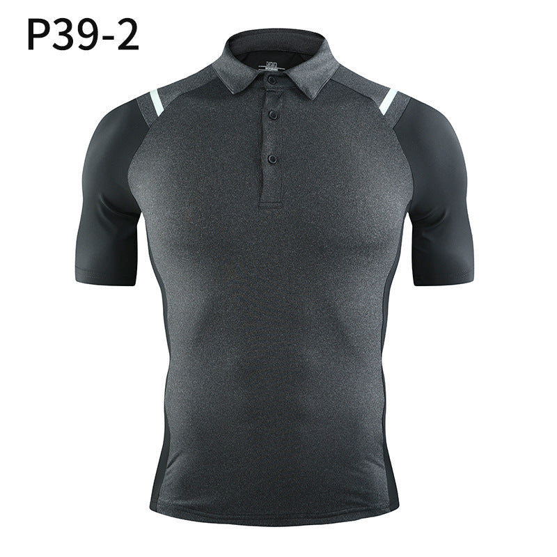 European and American tights male sports lapel POLO shirt quick-drying stretch T-shirt