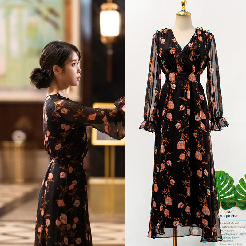 Druna Hotel V-neck floral long-sleeved French dress