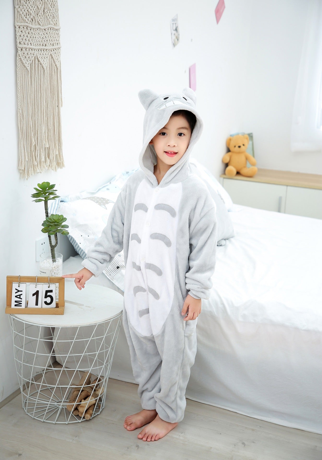 Cartoon one-piece pajamas children's toilet gray cat flannel show pajamas casual home furnishing