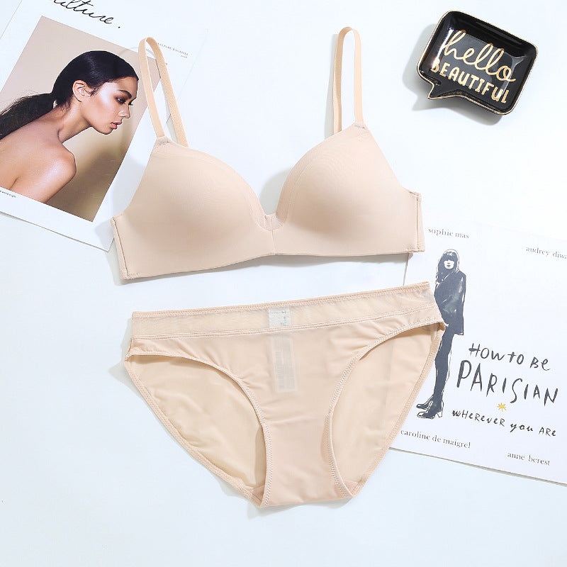 New O home basic thin cotton seamless underwear smooth bra without steel ring comfortable gathering bra set