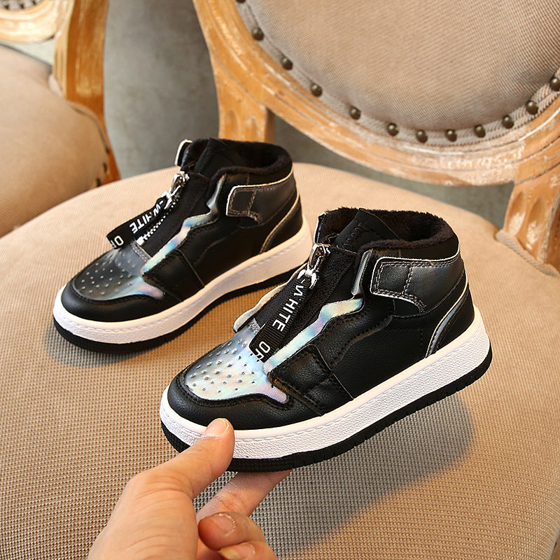 Boys Girls Warm Lining Touch Strap Front Zip Sneakers