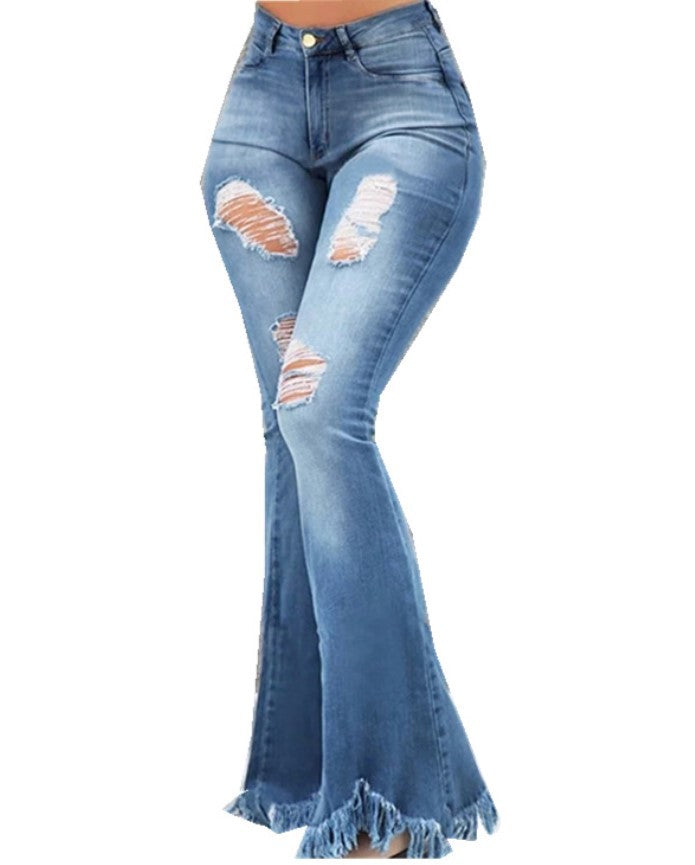 European and American cool fashion personality, worn-out holes, white high-waisted jeans