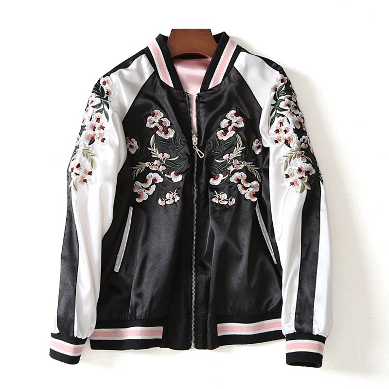 European and American style casual two-sided wear flower embroidery color matching stand-up collar jacket