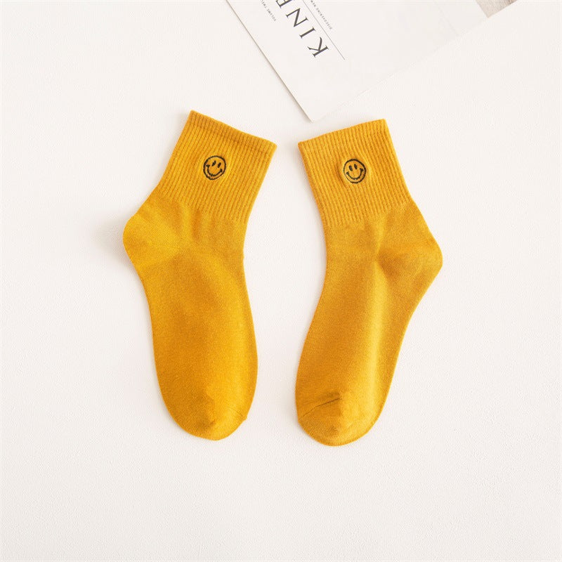 New products embroidered smiley face tube socks female ins trend forest college style expression long socks