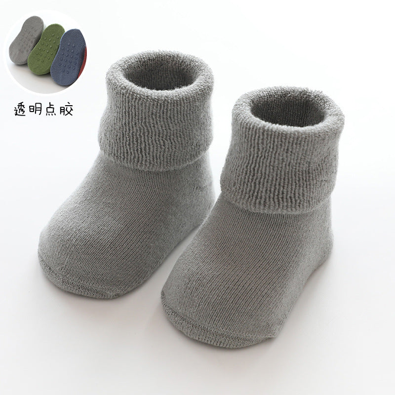 New children's socks solid color combed cotton terry baby socks thickened warm baby socks glued tube socks