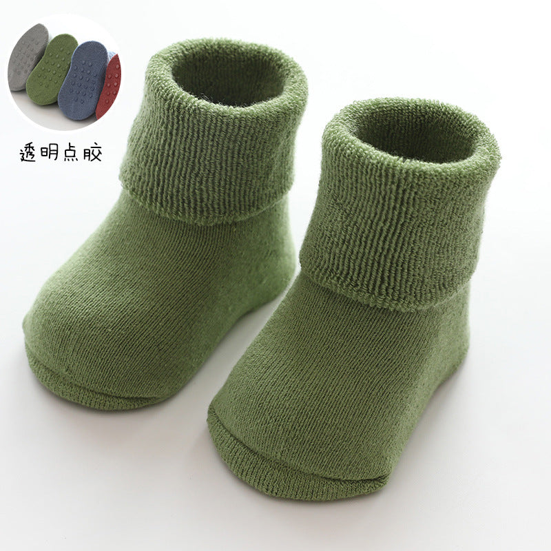 New children's socks solid color combed cotton terry baby socks thickened warm baby socks glued tube socks