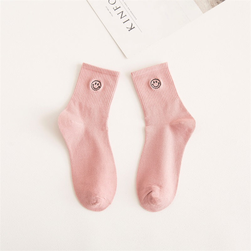 New products embroidered smiley face tube socks female ins trend forest college style expression long socks