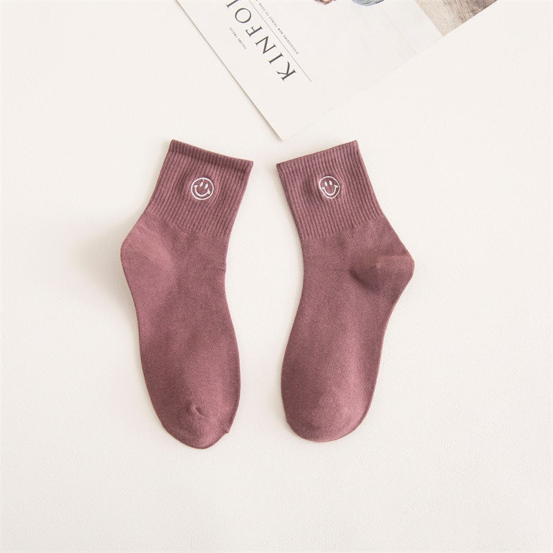 New products embroidered smiley face tube socks female ins trend forest college style expression long socks