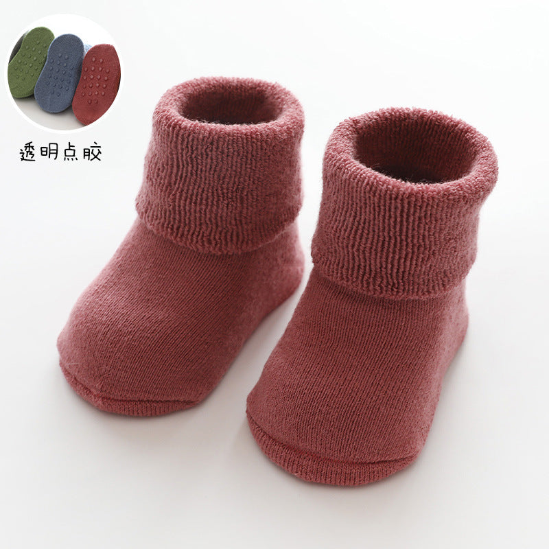 New children's socks solid color combed cotton terry baby socks thickened warm baby socks glued tube socks