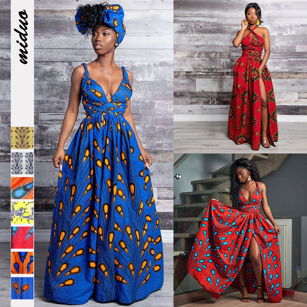 Europe and the United States feather print straps wear more African dress ethnic women's sexy split long skirt