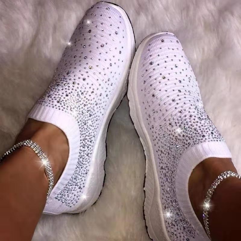 New style flying fly sneakers with diamonds women's casual fashion mid-heel flat shoes