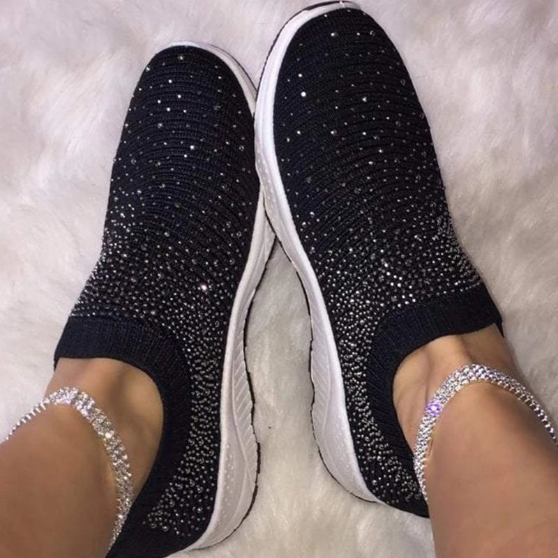 New style flying fly sneakers with diamonds women's casual fashion mid-heel flat shoes