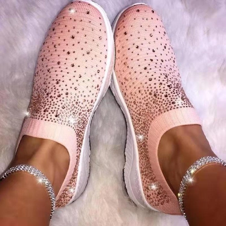 New style flying fly sneakers with diamonds women's casual fashion mid-heel flat shoes