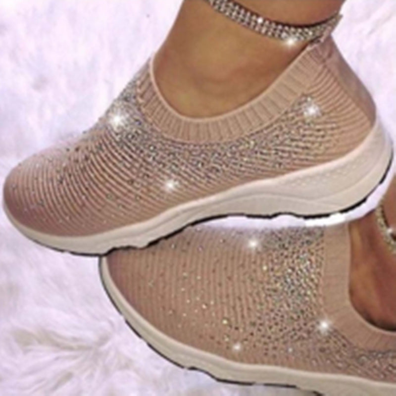 New style flying fly sneakers with diamonds women's casual fashion mid-heel flat shoes