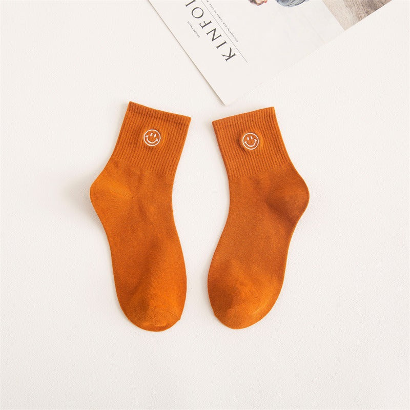 New products embroidered smiley face tube socks female ins trend forest college style expression long socks