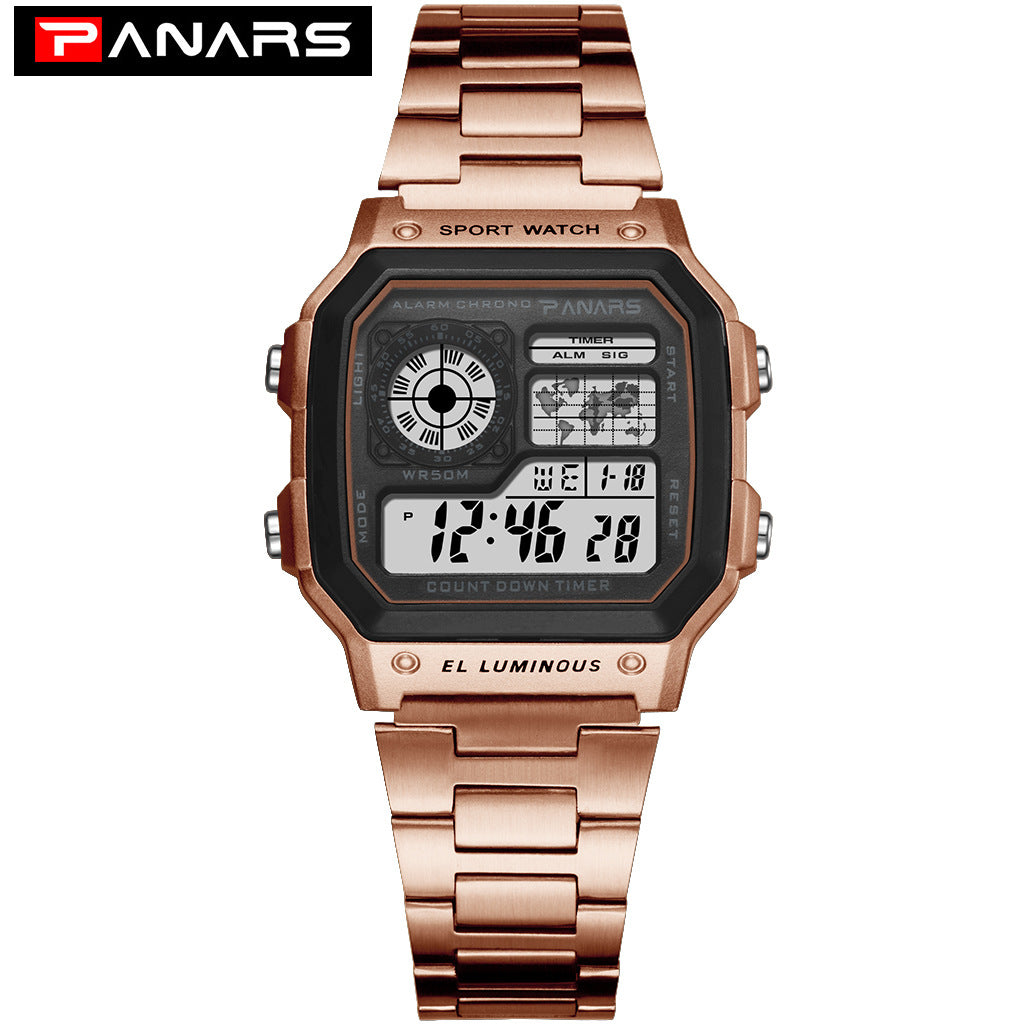 PANARS explosion type waterproof multi-function sports electronic watch square fashion electronic watch with luminous alloy watch