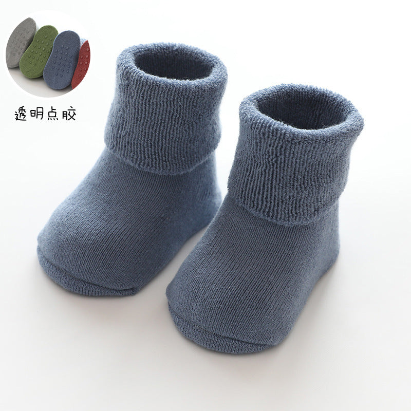 New children's socks solid color combed cotton terry baby socks thickened warm baby socks glued tube socks