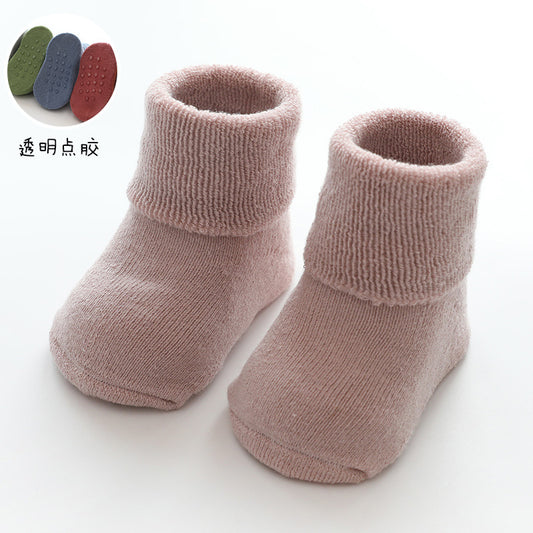 New children's socks solid color combed cotton terry baby socks thickened warm baby socks glued tube socks