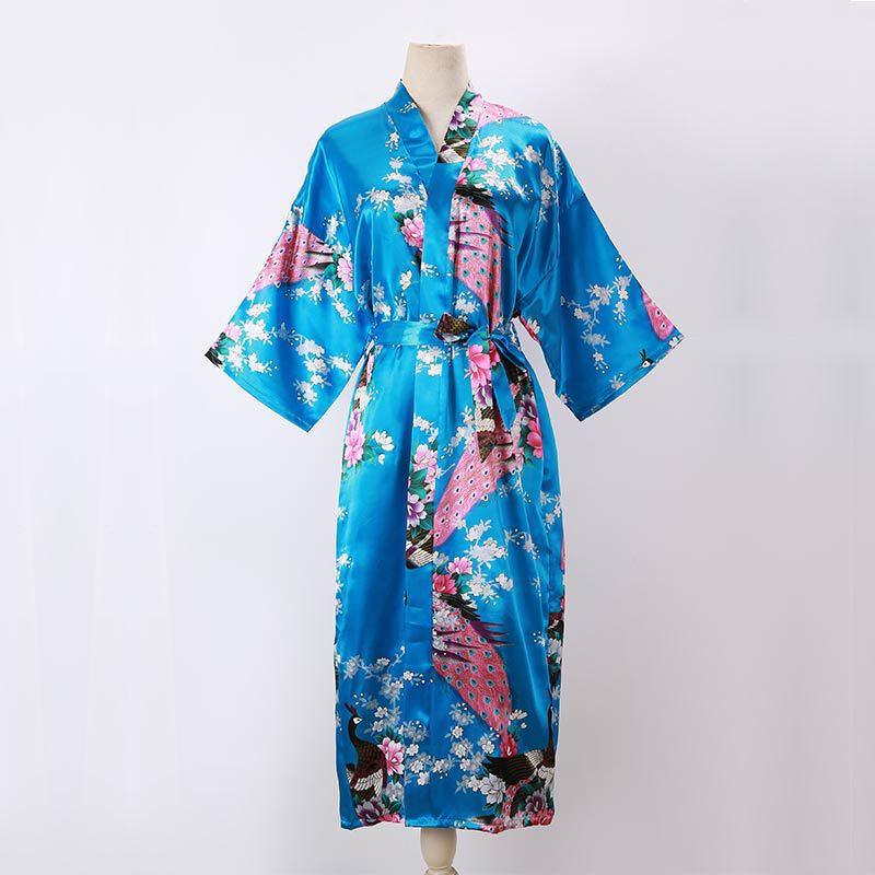 Ladies Kimono Robe Thin Peacock Print Bathrobe Sexy Long Pajamas Imitation Silk Kimono Robe