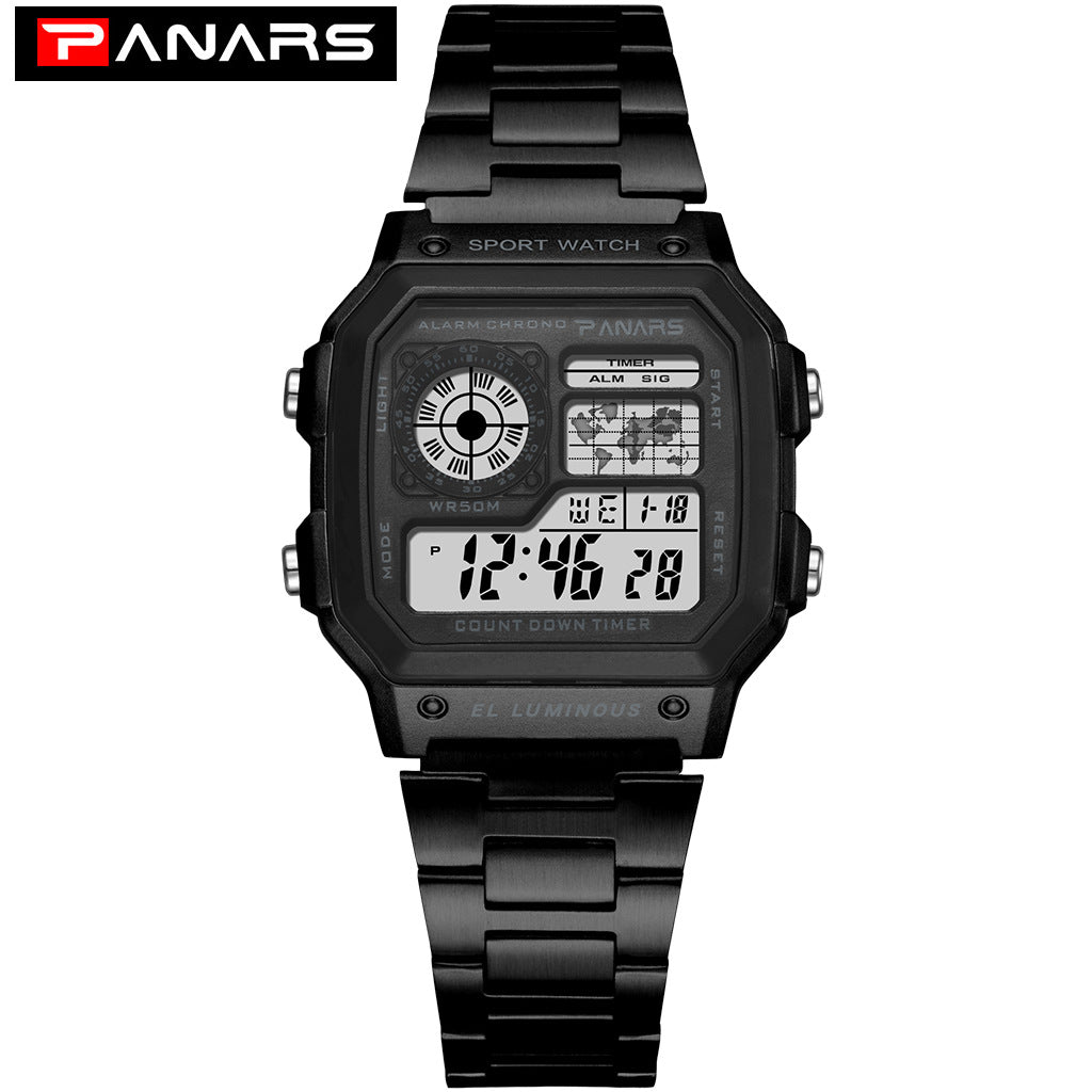 PANARS explosion type waterproof multi-function sports electronic watch square fashion electronic watch with luminous alloy watch