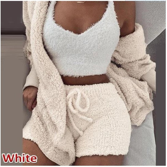 Cross-border women's plush home wear casual 3-piece pajamas long-sleeved shorts