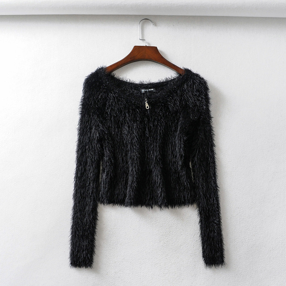 Women's sexy zipper thick knit cardigan slim-fit one-neck mohair sweater