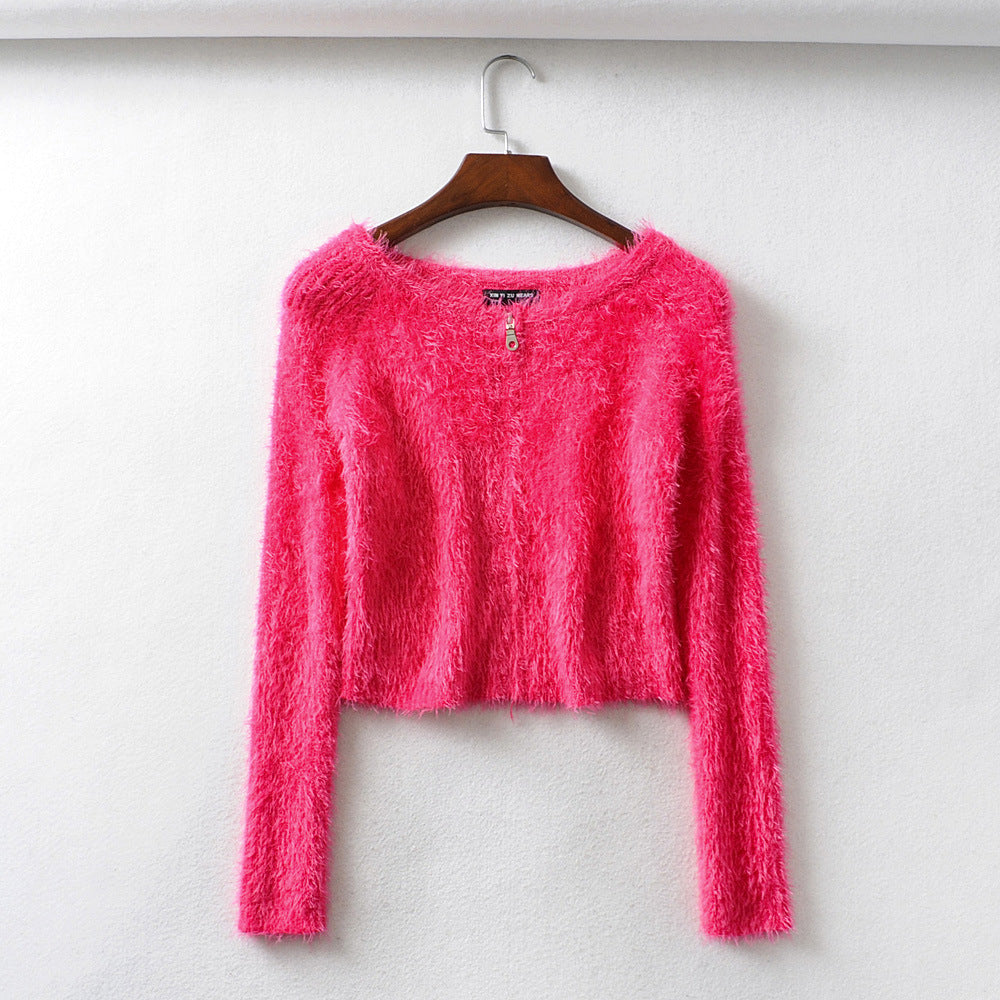 Women's sexy zipper thick knit cardigan slim-fit one-neck mohair sweater