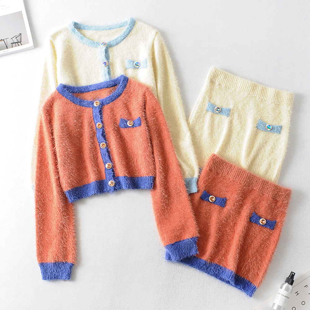 Fashion retro girl sexy little fragrant wind plush diamond button knitted cardigan + half skirt suit