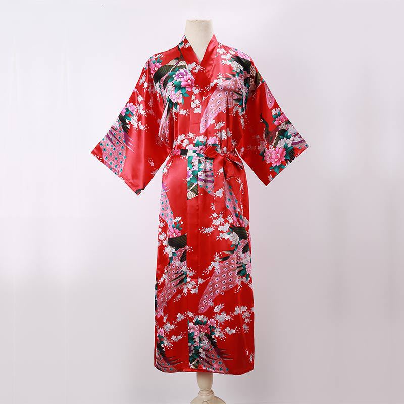 Ladies Kimono Robe Thin Peacock Print Bathrobe Sexy Long Pajamas Imitation Silk Kimono Robe