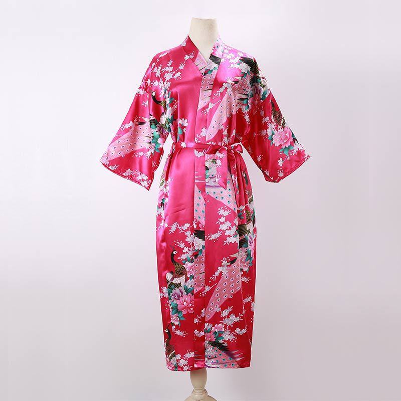 Ladies Kimono Robe Thin Peacock Print Bathrobe Sexy Long Pajamas Imitation Silk Kimono Robe