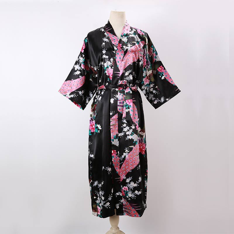 Ladies Kimono Robe Thin Peacock Print Bathrobe Sexy Long Pajamas Imitation Silk Kimono Robe