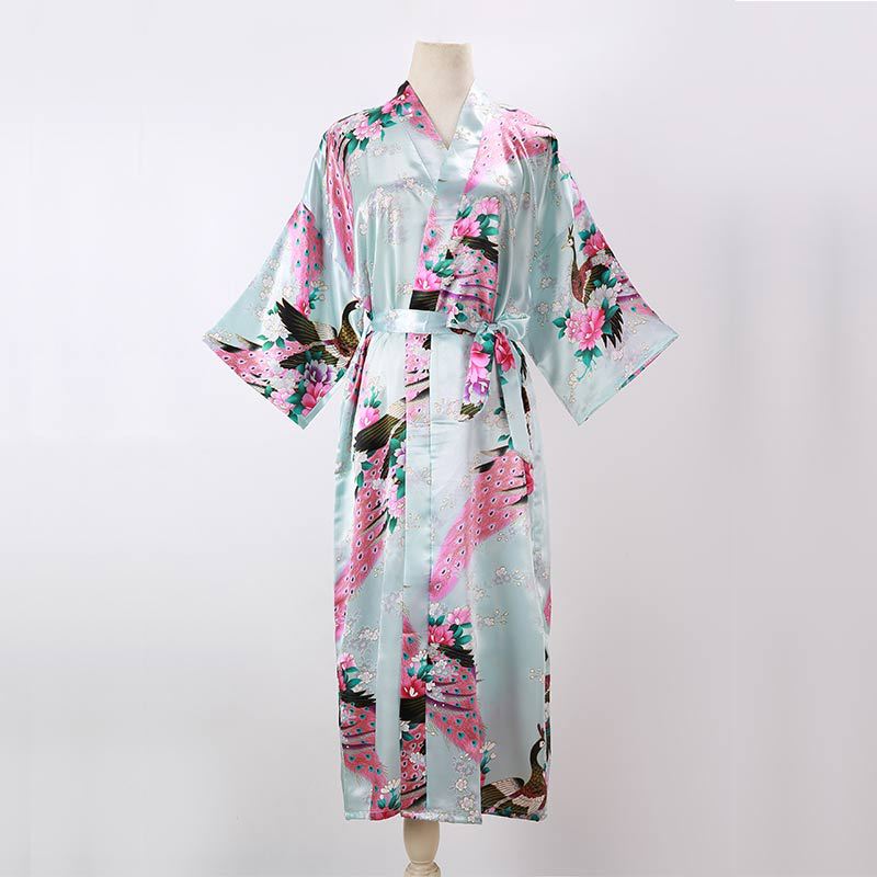 Ladies Kimono Robe Thin Peacock Print Bathrobe Sexy Long Pajamas Imitation Silk Kimono Robe