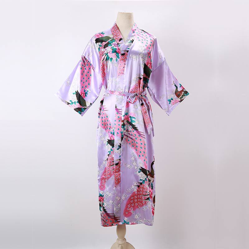 Ladies Kimono Robe Thin Peacock Print Bathrobe Sexy Long Pajamas Imitation Silk Kimono Robe