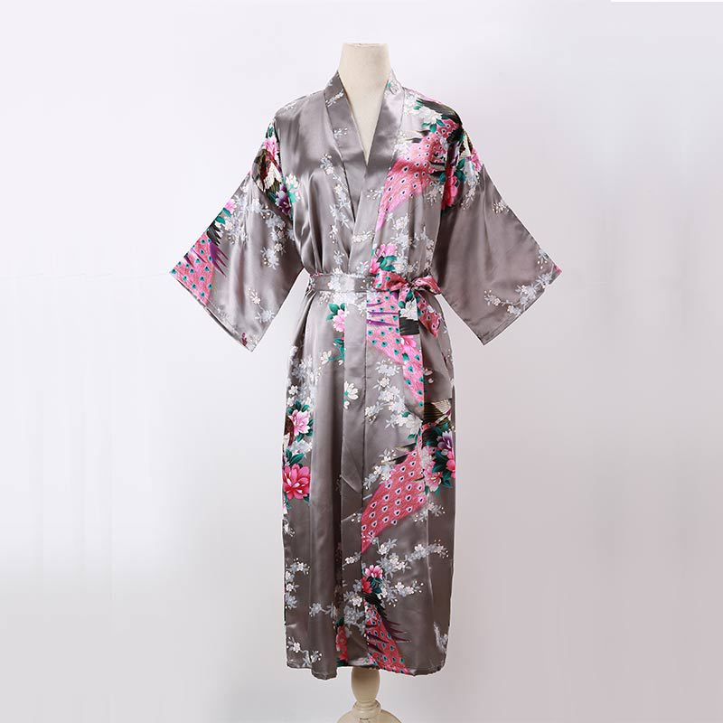 Ladies Kimono Robe Thin Peacock Print Bathrobe Sexy Long Pajamas Imitation Silk Kimono Robe