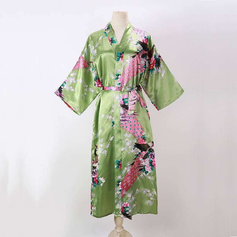 Ladies Kimono Robe Thin Peacock Print Bathrobe Sexy Long Pajamas Imitation Silk Kimono Robe