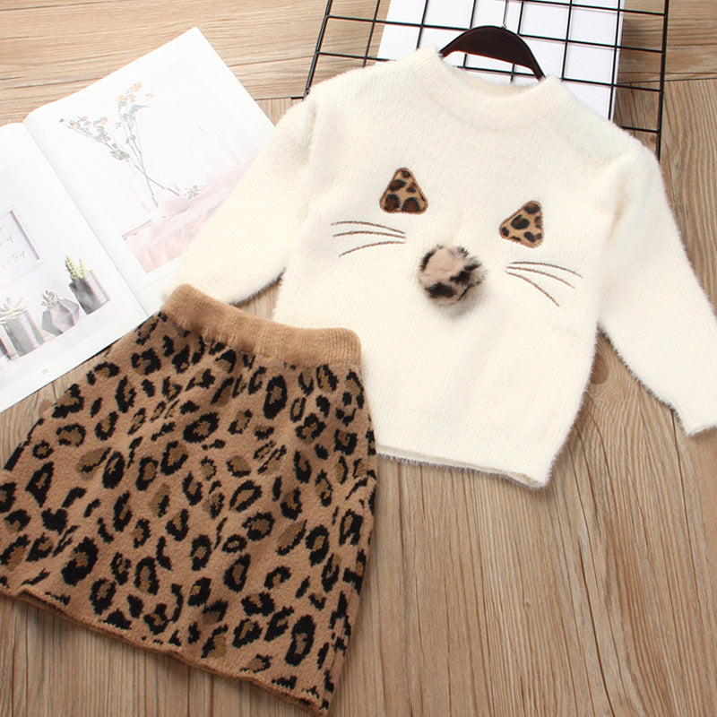 Children's skirt suit skirt female baby foreign pure color sweater mink velvet leopard print skirt two-piece