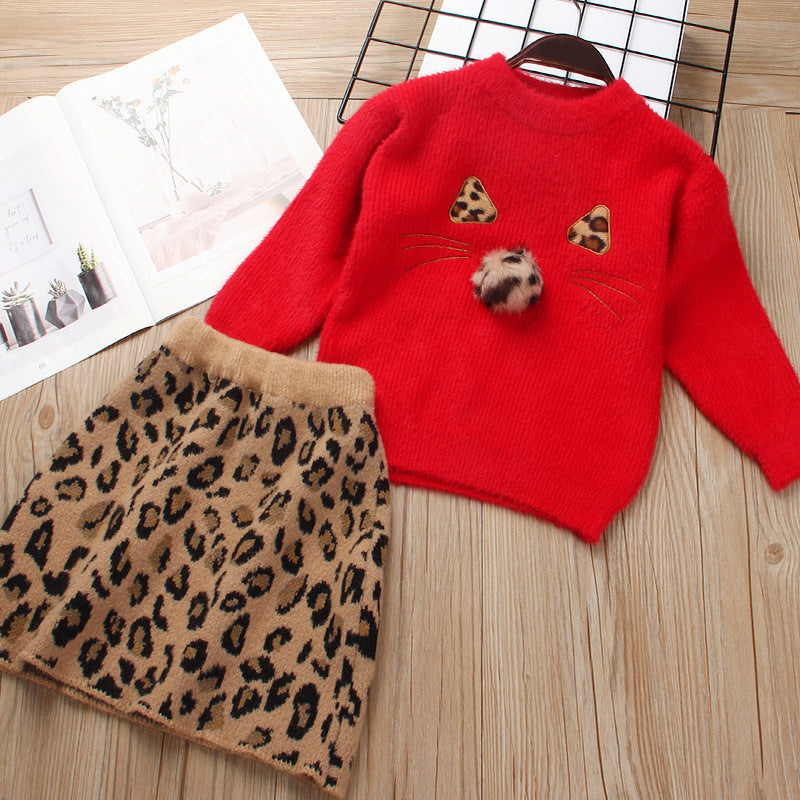 Children's skirt suit skirt female baby foreign pure color sweater mink velvet leopard print skirt two-piece