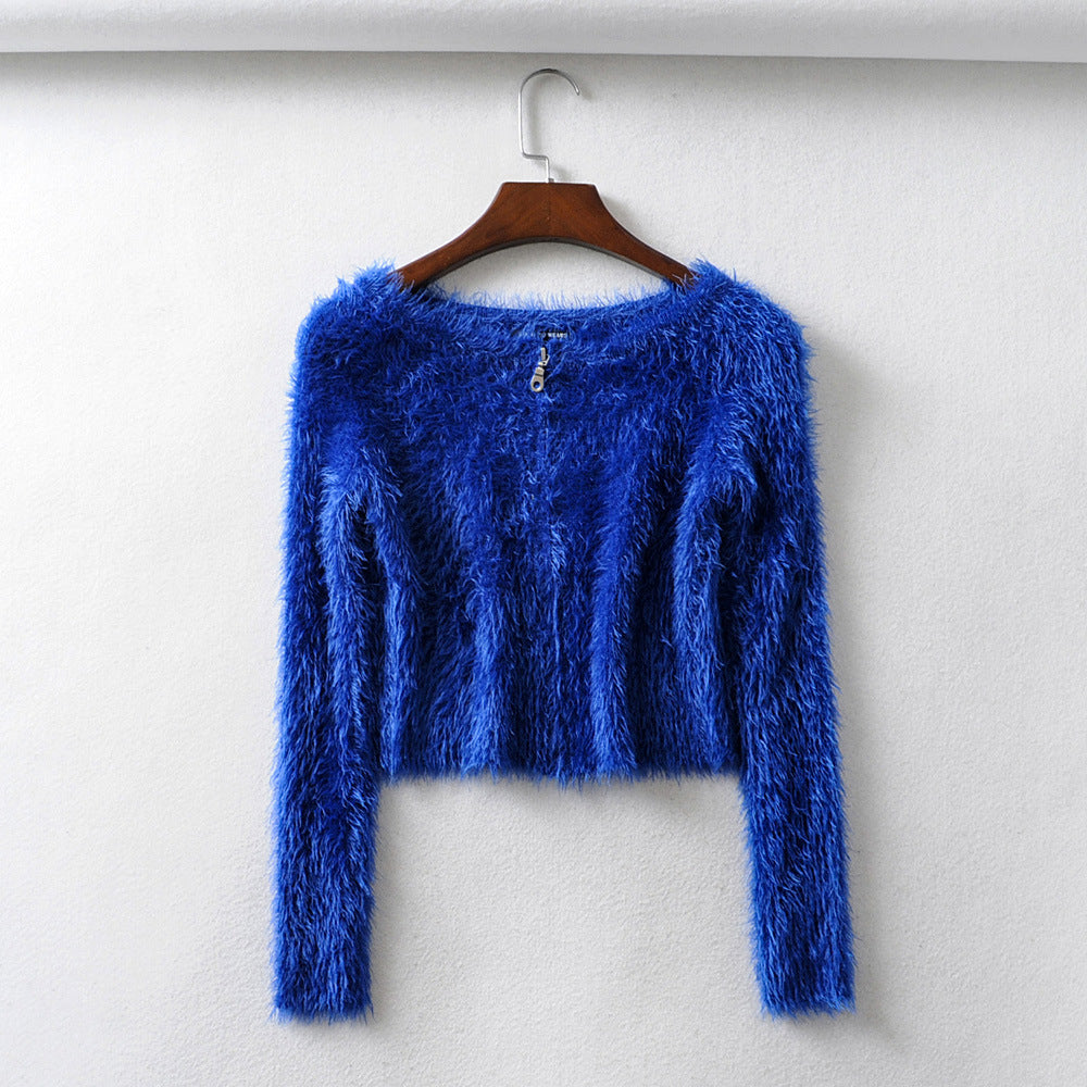 Women's sexy zipper thick knit cardigan slim-fit one-neck mohair sweater