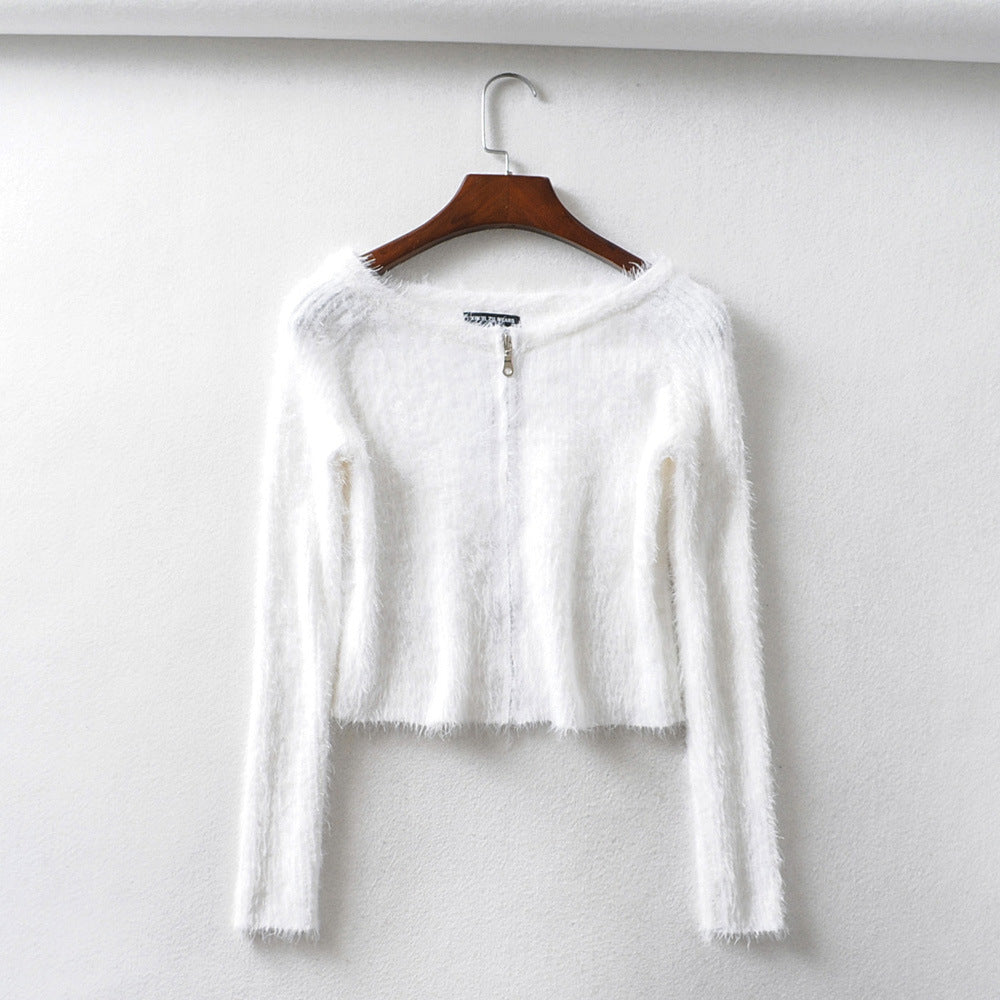 Women's sexy zipper thick knit cardigan slim-fit one-neck mohair sweater