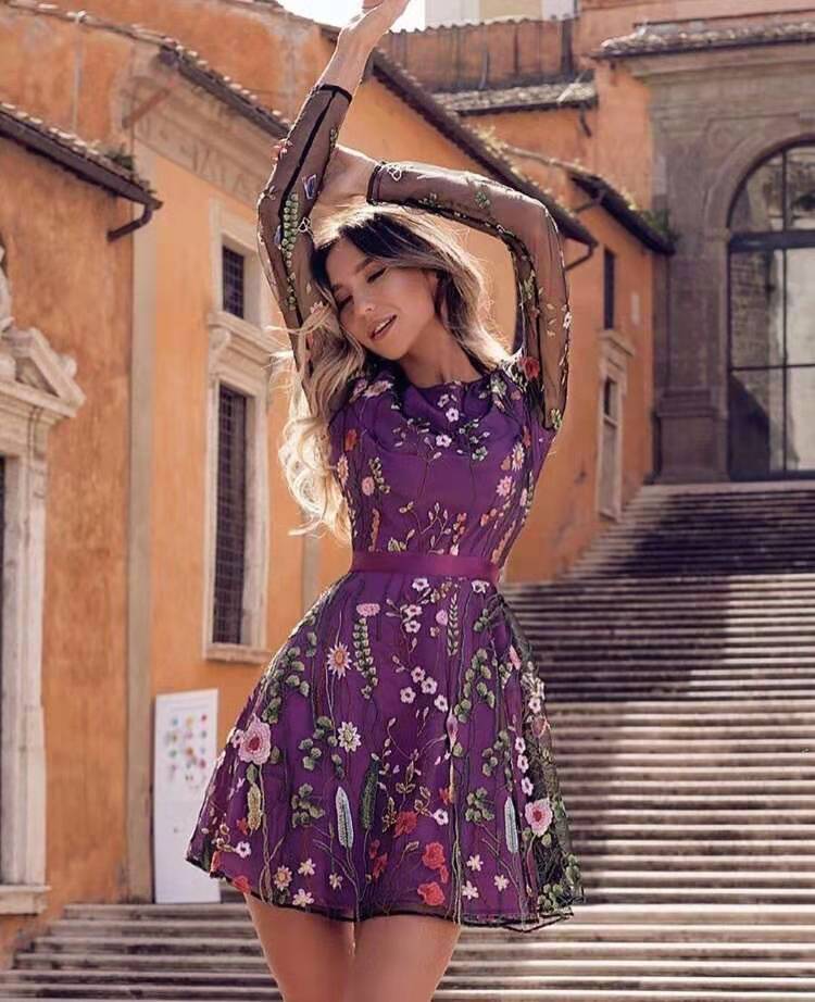 European and American lace sexy mesh embroidery dress Bohemia women's floral dress