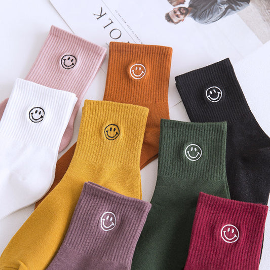 New products embroidered smiley face tube socks female ins trend forest college style expression long socks