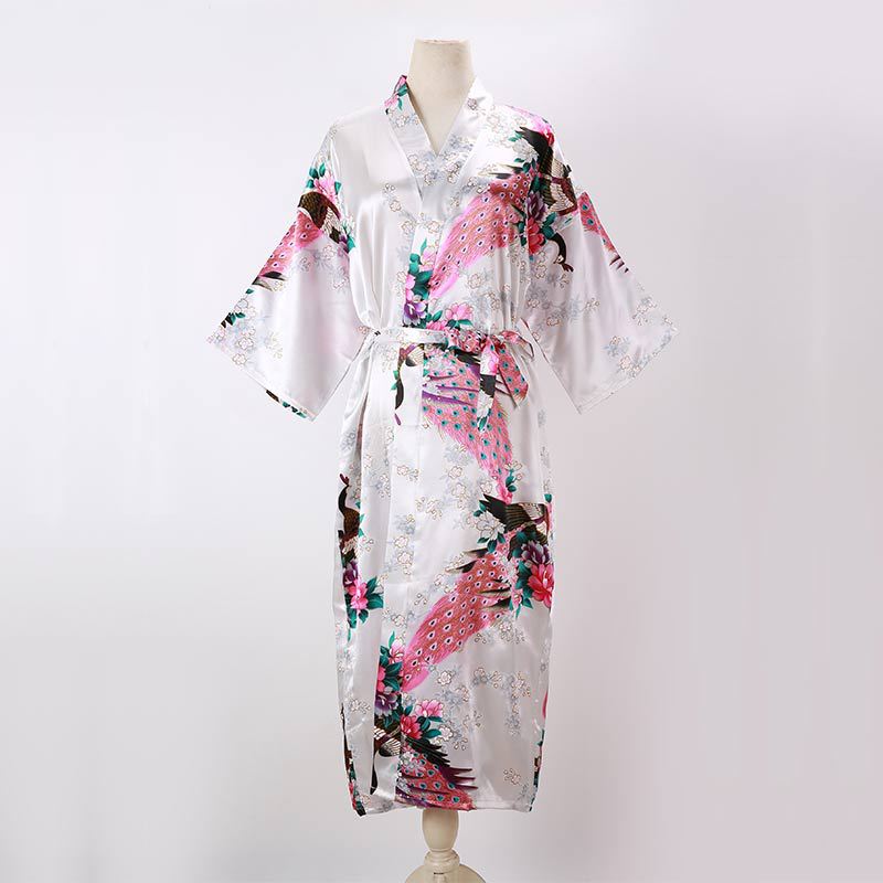 Ladies Kimono Robe Thin Peacock Print Bathrobe Sexy Long Pajamas Imitation Silk Kimono Robe