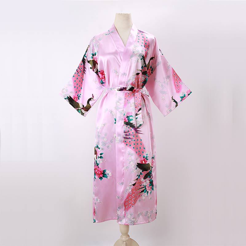 Ladies Kimono Robe Thin Peacock Print Bathrobe Sexy Long Pajamas Imitation Silk Kimono Robe