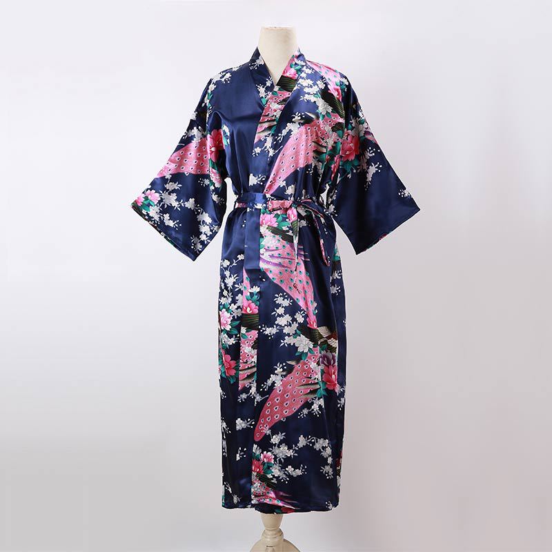 Ladies Kimono Robe Thin Peacock Print Bathrobe Sexy Long Pajamas Imitation Silk Kimono Robe