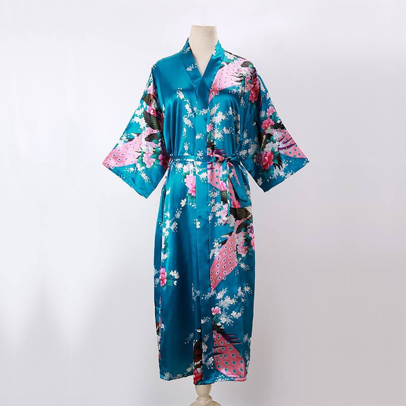 Ladies Kimono Robe Thin Peacock Print Bathrobe Sexy Long Pajamas Imitation Silk Kimono Robe